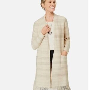 Pure‎ Jill Textured Stripes Open Front Cardigan Duster Fringe Hem M Petite